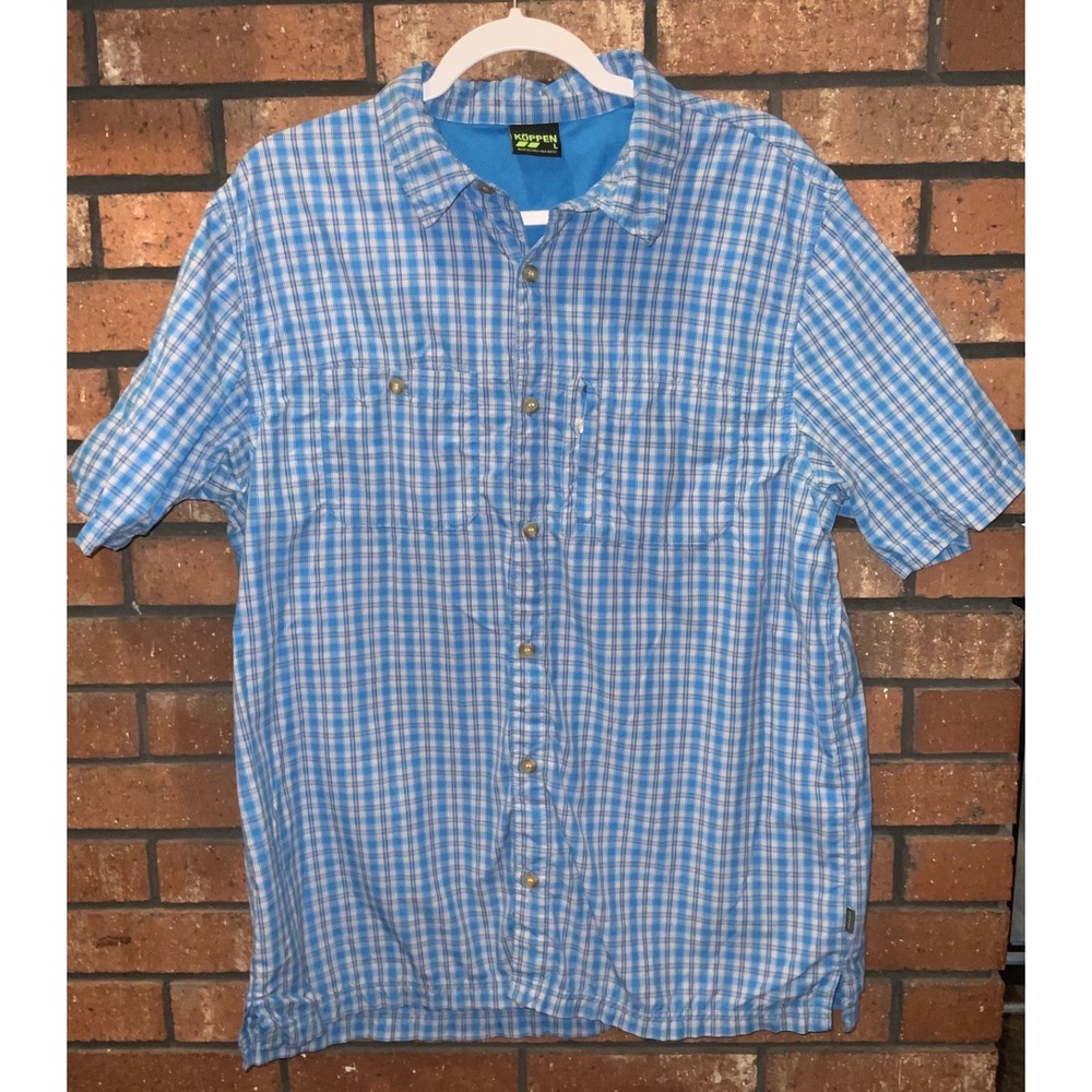 Koppen Mens Blue White Plaid Short Sleeve Hiking Fishing Button Down Shirt L